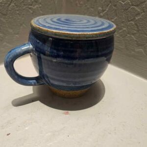 World Market Blue Stoneware Ceramic Teacup With Coaster 3" x 4"